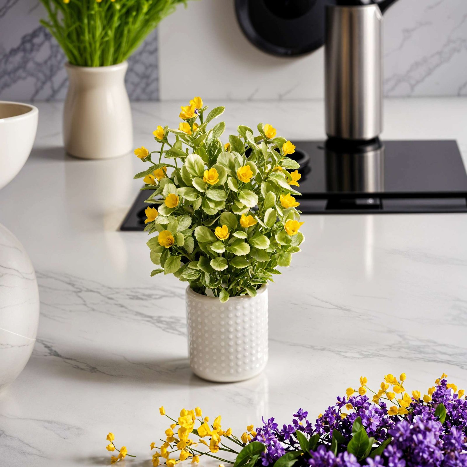 Artificial Plants for Home Decor with Pot Yellow Flowers & Grass Balls Aesthetic Room Decor Items for Living Room, Bedroom | Fake Plants for Office, Reception, Tabletop (RV-AP6) - Image 3