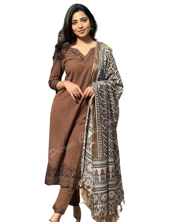 Women's Cotton Ethnic Set with Kurta, Palazzo & Dupatta(M)