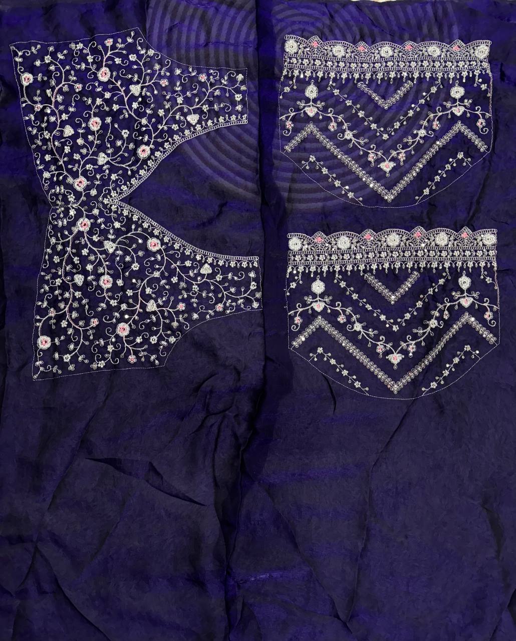 Royal Blue Embroidered Blouse Piece with Intricate Mirror, Sequin & Floral Threadwork – Ready-to-Stitch Fabric for Sarees & Festive Ethnic Wear - Image 2